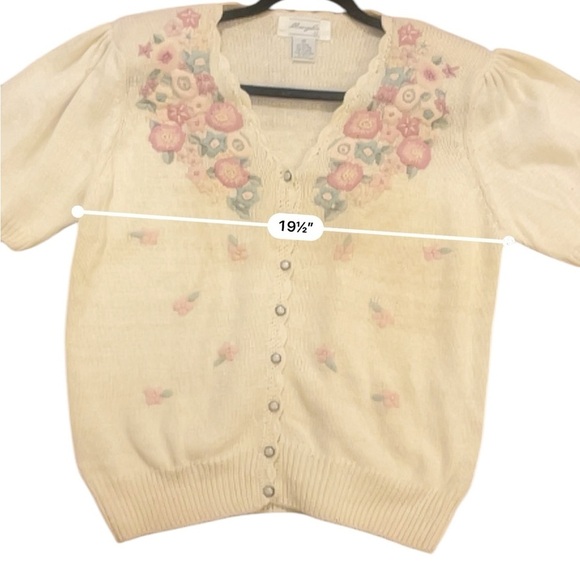 Vintage Floral Embroidered Cardigan pearlized buttons cream pink coquette med - Picture 4 of 10